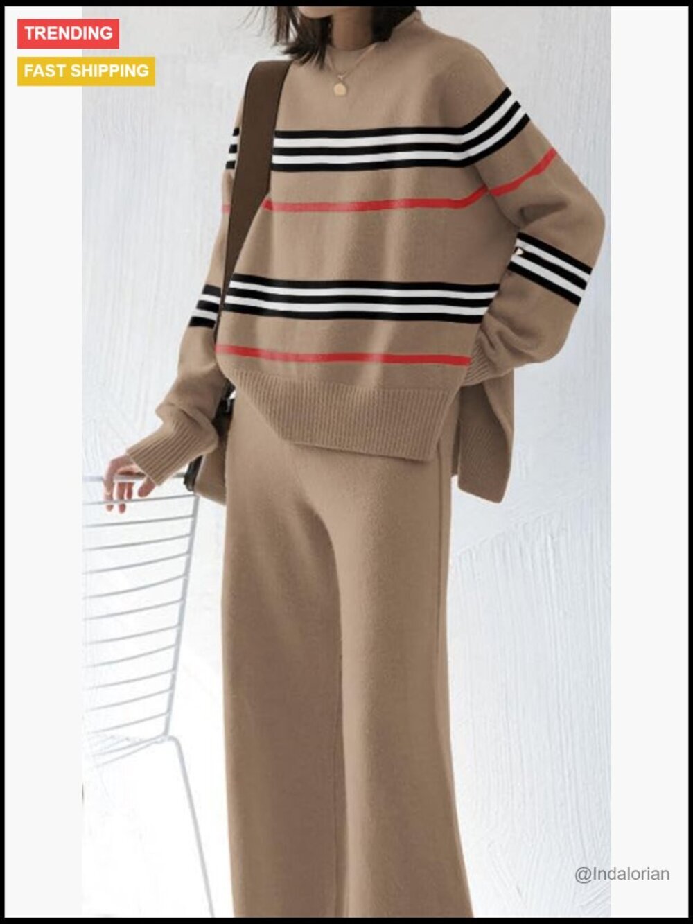 Polyester Lounge Set with Knitted Sweater Top and Wide Leg Sweatpants - Picture 3 of 6